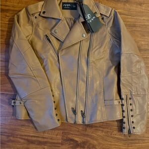 Tan Faux Leather Jacket with Black Industrial Accents